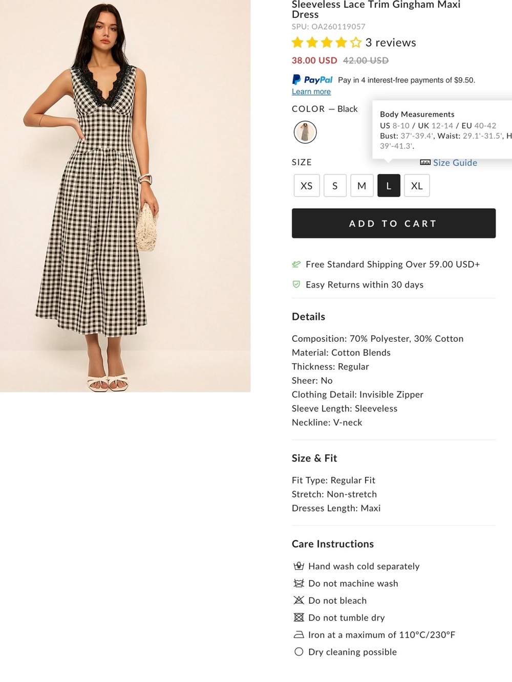 Commense Sleeveless Lace Trim Gingham Maxi Dress - Large - Picture 2 of 6